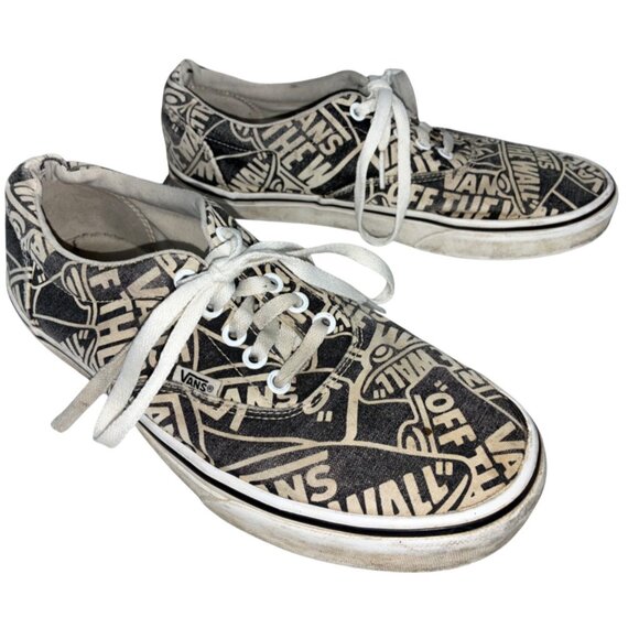 Vans Off The Wall Logo All Over Print Shoes Black/White Distress Sz 8.5 #h - Picture 1 of 10
